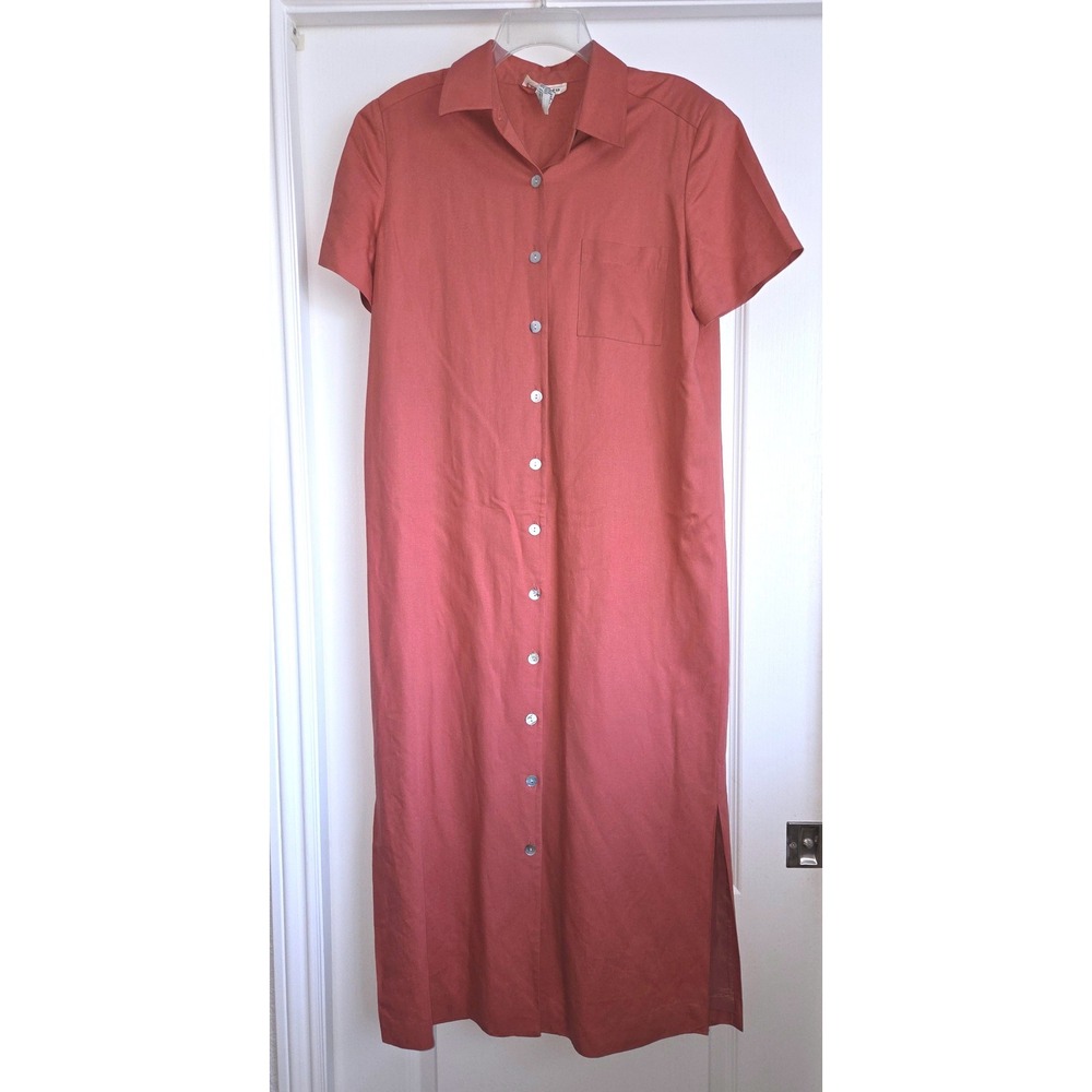 VTG Talbots Coral Pink Linen Blend Lined Button Down Maxi Shirt Dress Sz 12 Work